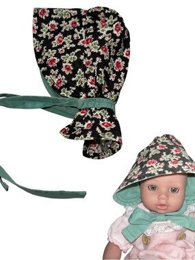 Vintage 70’s Floral Baby Doll Bonnet Pink Roses Green Trim